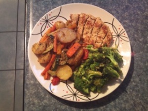Meatless Chicken Breast with Roasted Potatoes and Broccoli